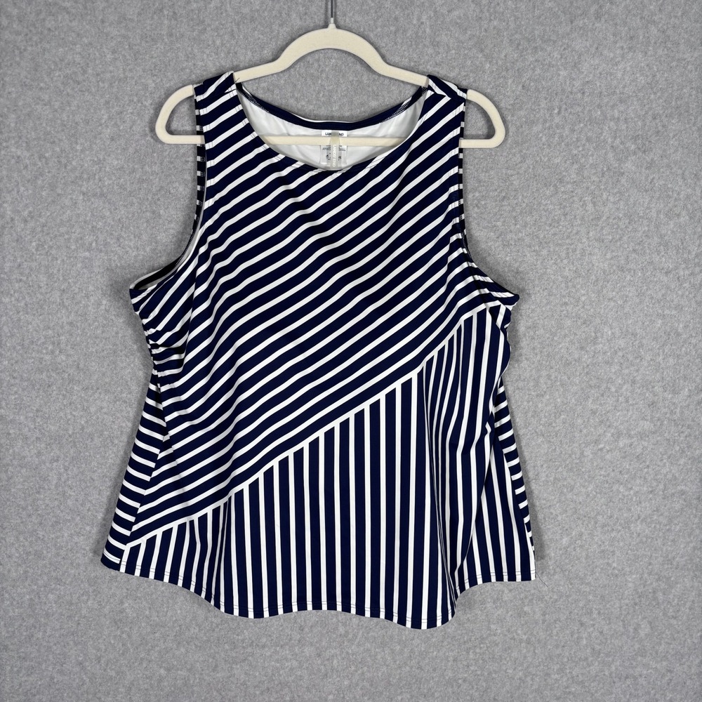 Lands‎ End High Neck Tankini 22W DDD Navy White Striped Built In Bra Swimsuit